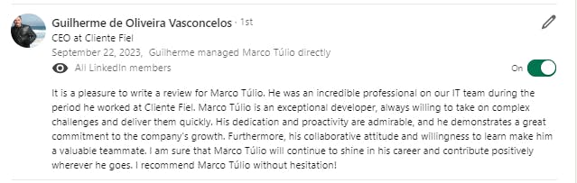 Recommendation that Guilherme Vasconcelos wrote on my Linkedin