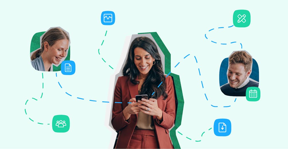 Une femme sur son téléphone reliée à plusieurs applications