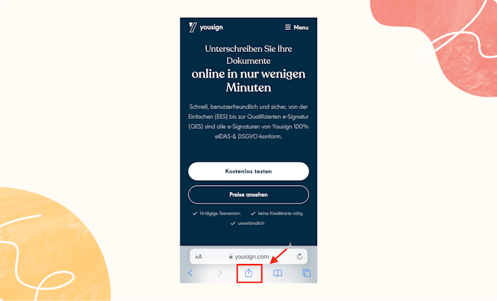Webseite öffnen und auf “Teilen”-Symbol tippen