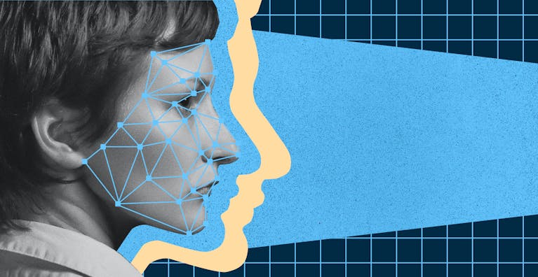 Illustration einer KI, die ein Gesicht analysiert