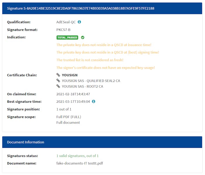 Schermata di verifica documenti digitali