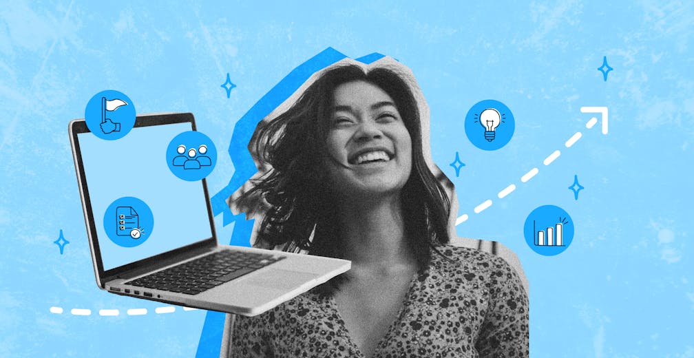 Une femme souriante devant son pc et des icônes