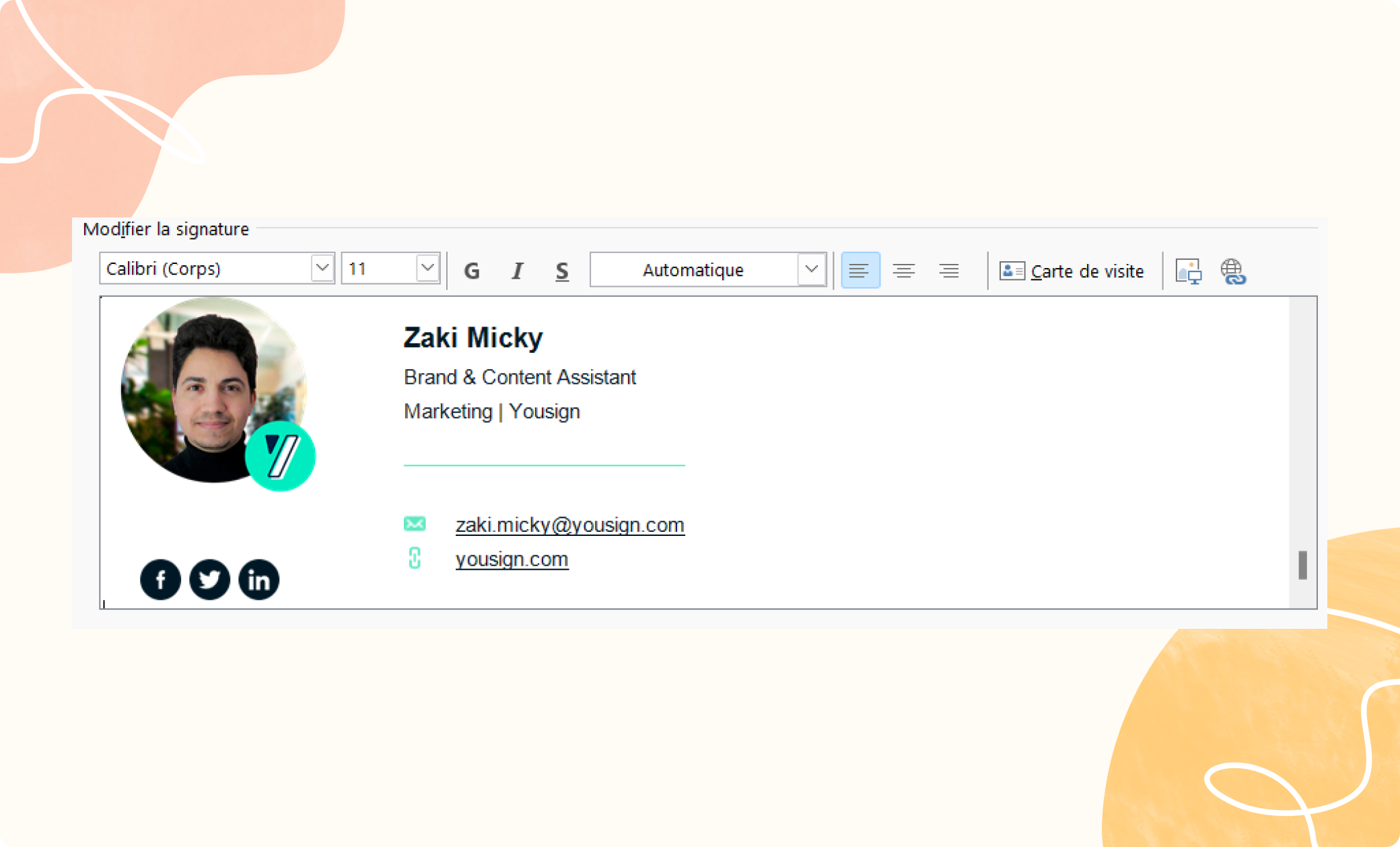 Onglet modifier la signature avec des informations