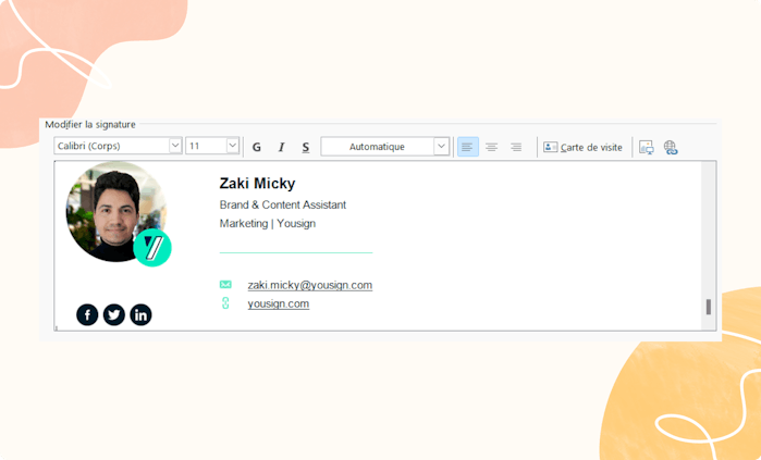 Onglet modifier la signature avec des informations