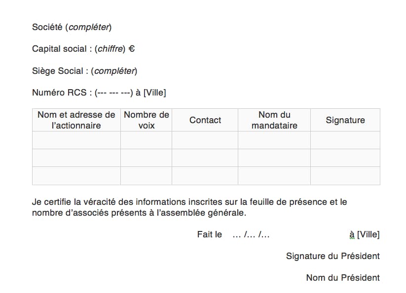 Exemple de feuille de présence d’AG