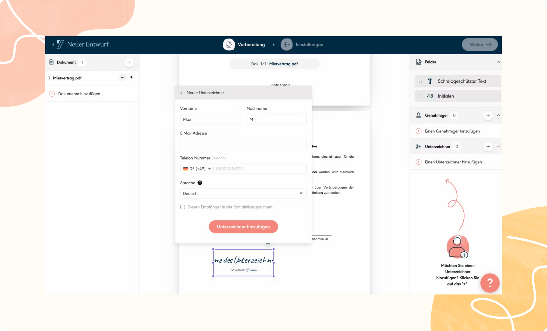 Kontaktinformationen der Unterzeichner eintragen