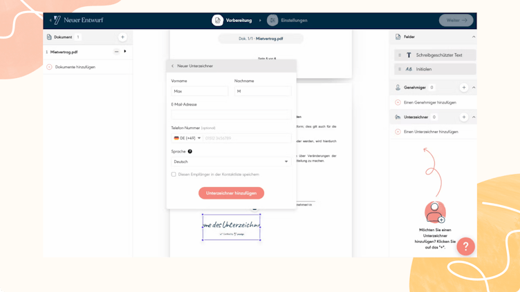 Kontaktinformationen der Unterzeichner eintragen