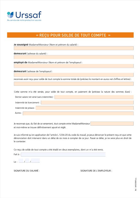 Modèle exemple de reçu de solde de tout compte
