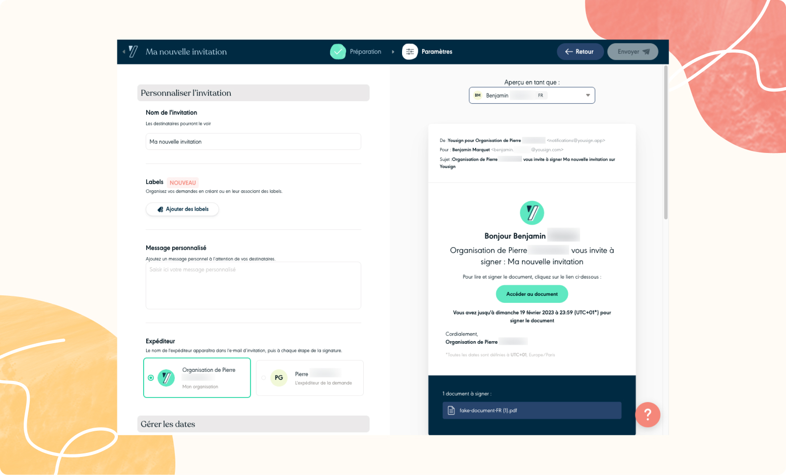 L'envoi des documents à signer depuis l'application de Yousign