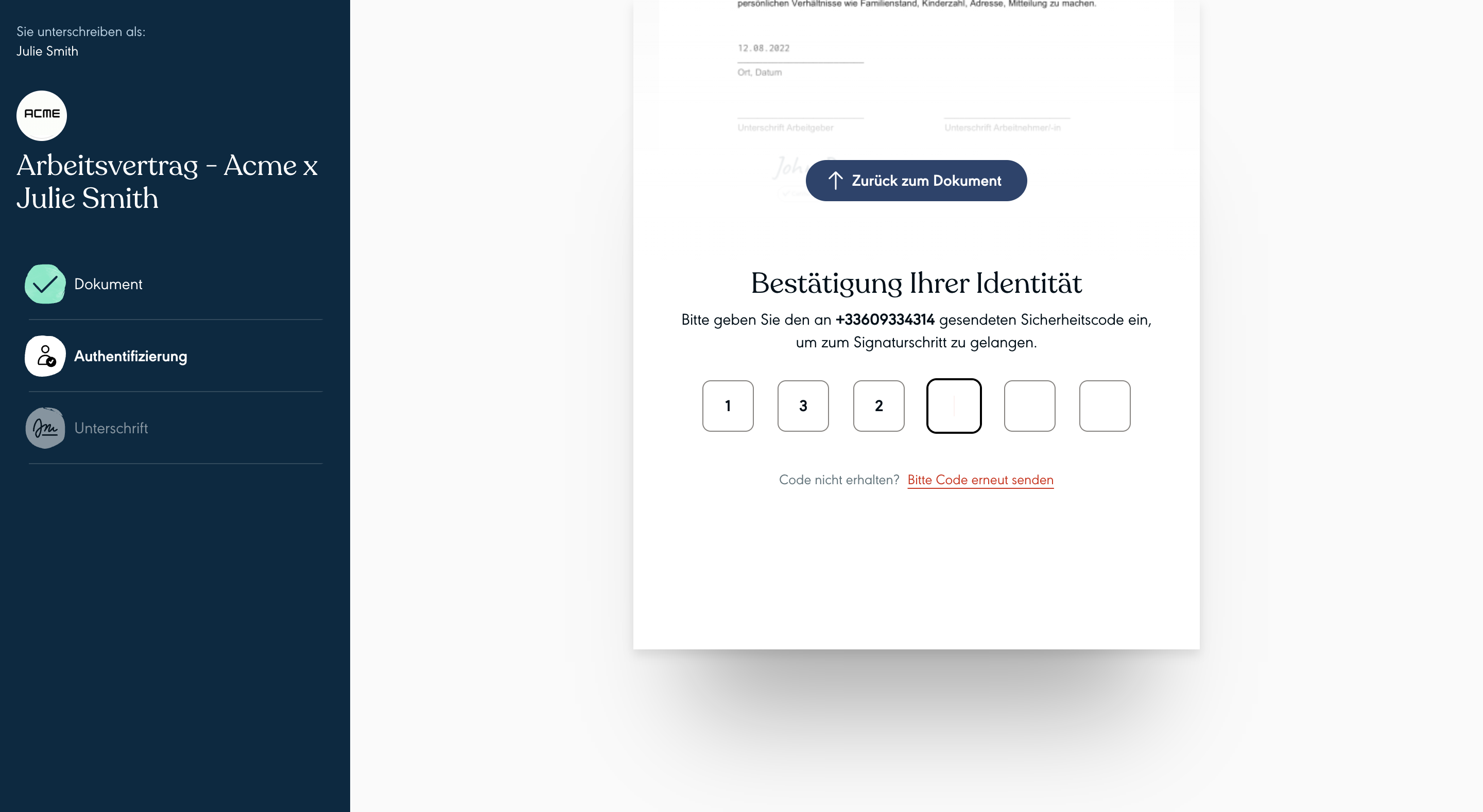 Bestätigung der Identität der unterzeichnenden Person