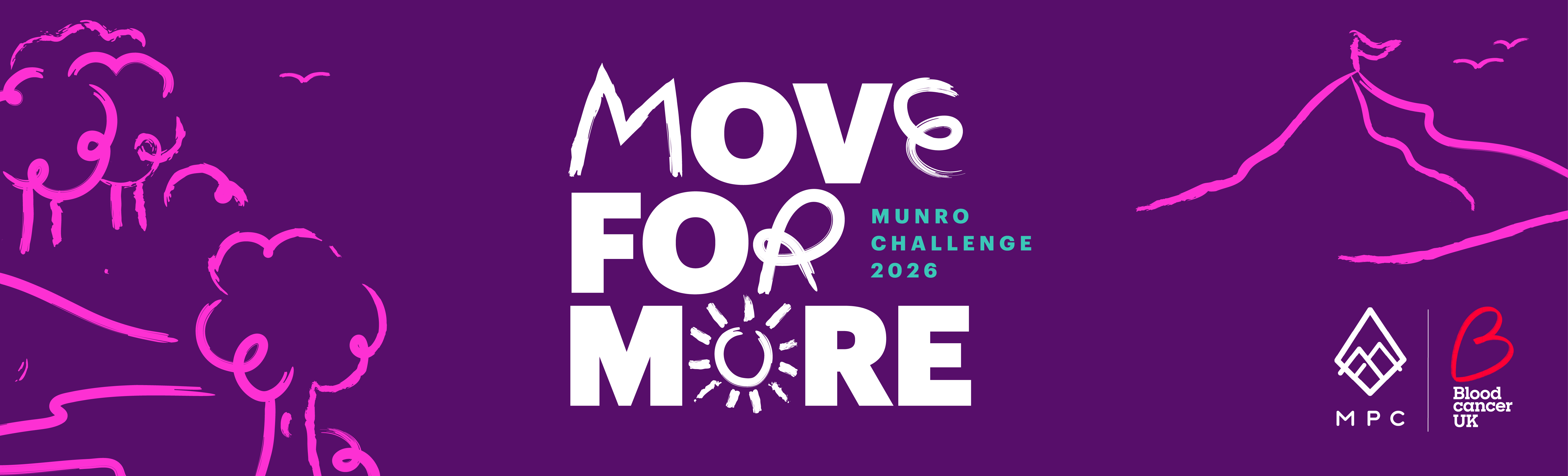 Purple banner with mountain and forest illustrations that reads, Move for More Munro Challenge 2026. 