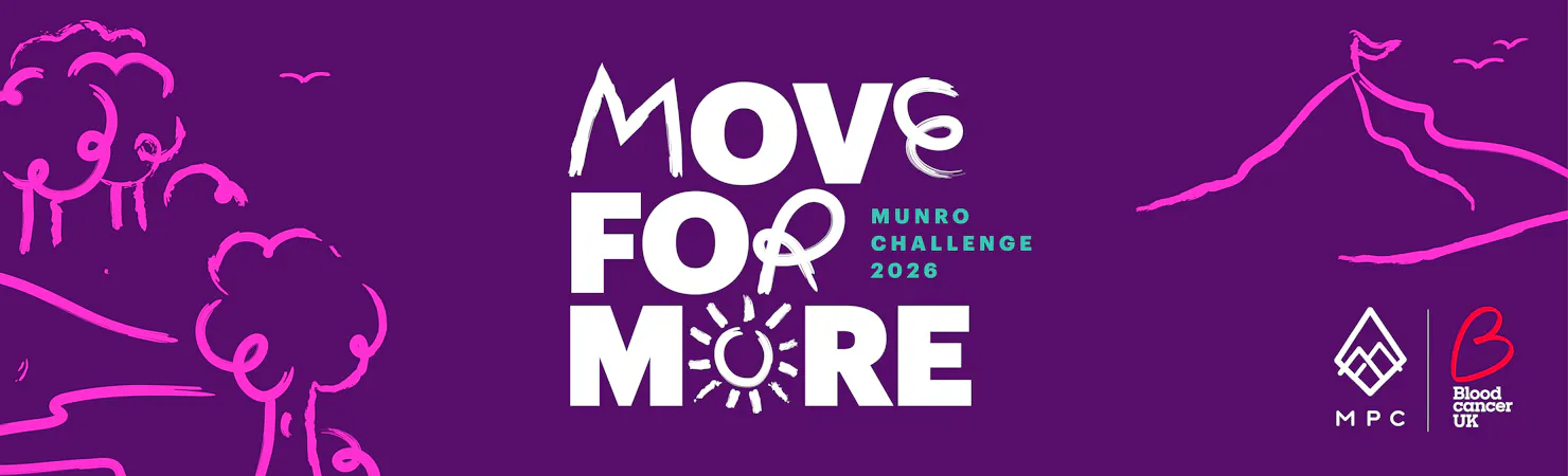 Purple banner with mountain and forest illustrations that reads, Move for More Munro Challenge 2026.