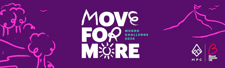 Purple banner with mountain and forest illustrations that reads, Move for More Munro Challenge 2026.