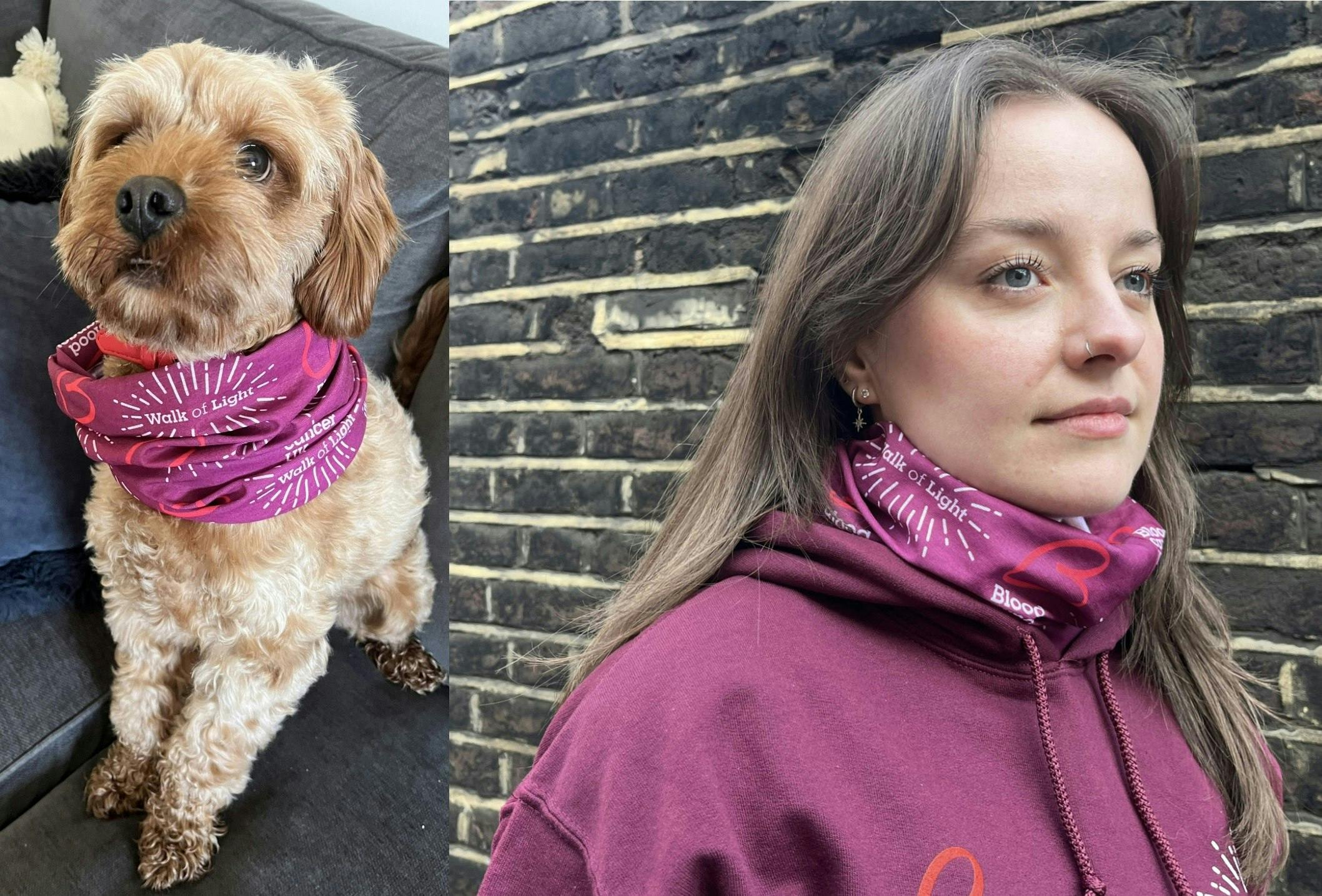 A woman wearing her Walk of Light neck warmer and hoodies standing by a wall. A dog wearing a Walk of Light neck warmer.