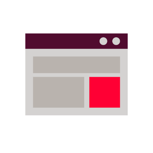 Icon of a grey website with a burgundy banner along the top and red box bottom right