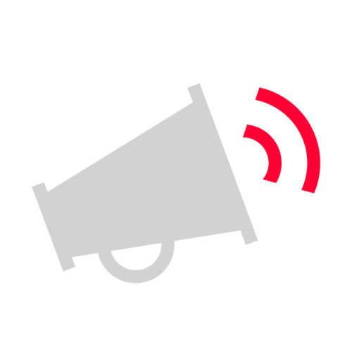 Icon of a grey megaphone with red sound waves