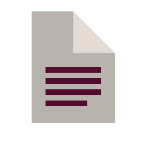 Icon of a grey document with one corner folded down and burgundy lines