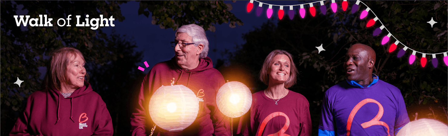 Four people walking together holding glowing lanterns with “Walk of Light” written over
