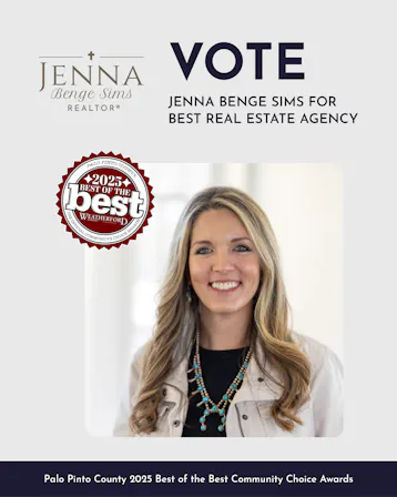 Graphic urging votes for Jenna Benge Sims for Best Real Estate Agency in the Palo Pinto County 2025 Best of the Best awards