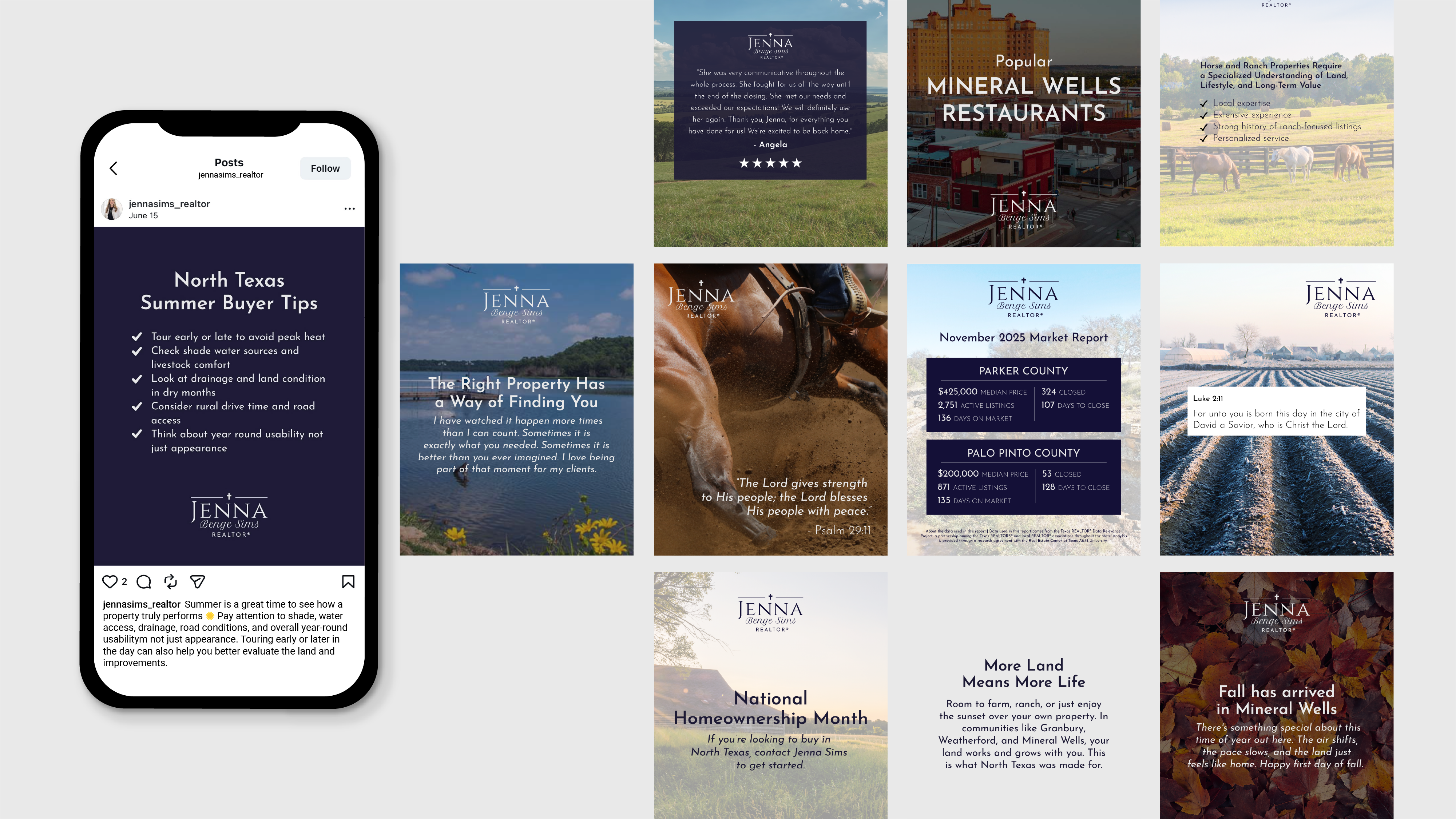 Instagram feed grid for REALTOR Jenna Benge Sims showing market reports, land tips, and scripture posts