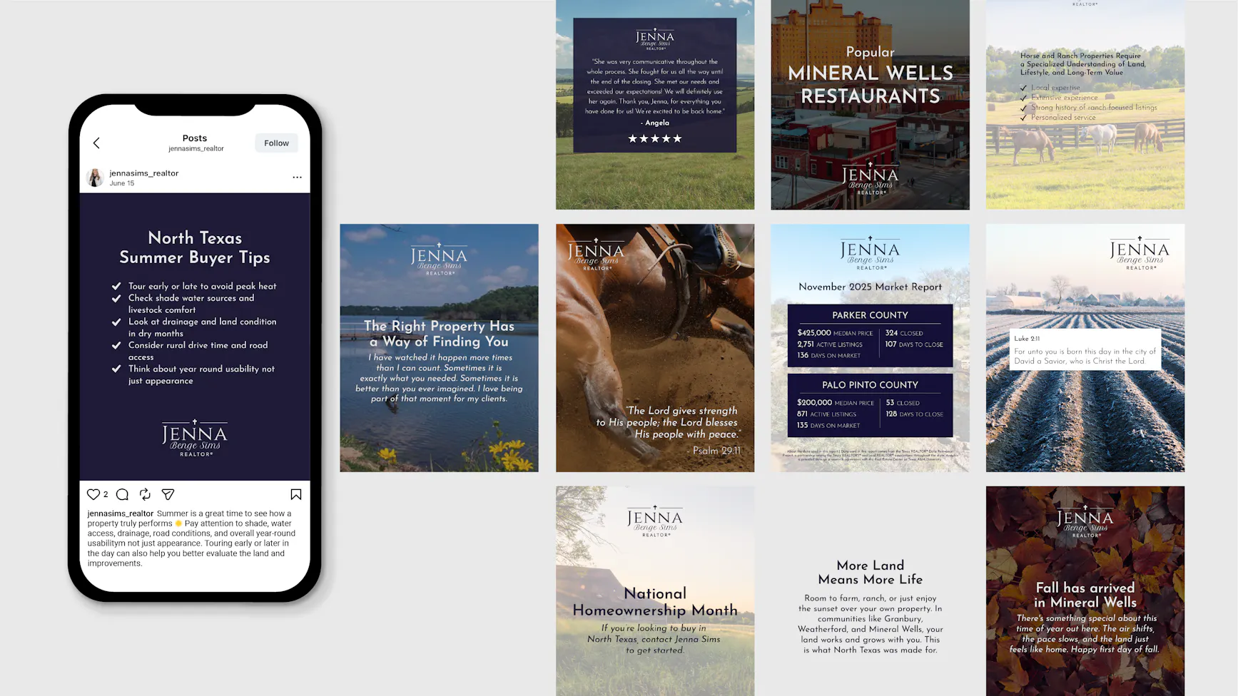 Instagram feed grid for REALTOR Jenna Benge Sims showing market reports, land tips, and scripture posts