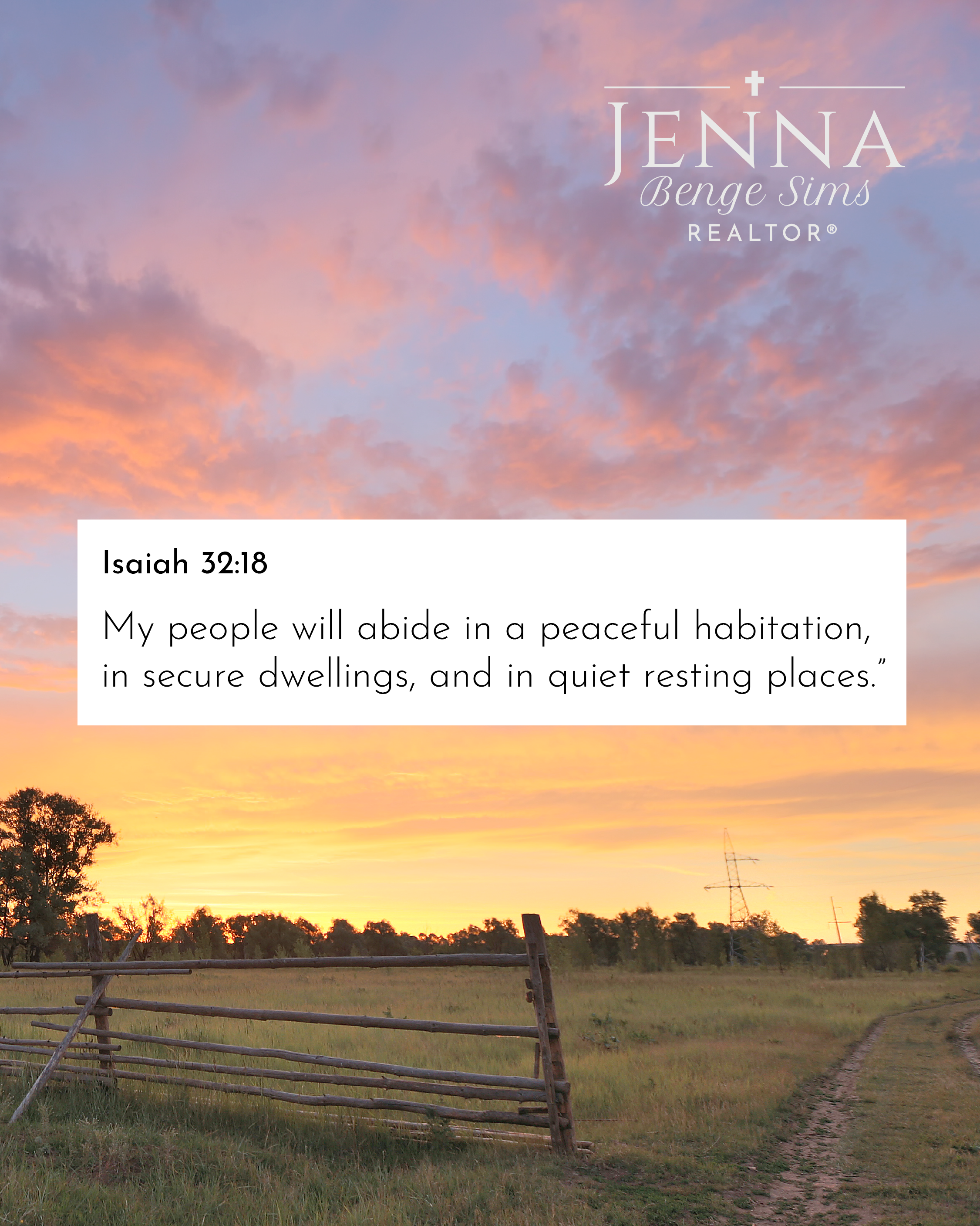 Isaiah 32:18 verse over a pink sunset sky above a North Texas ranch fence and pasture