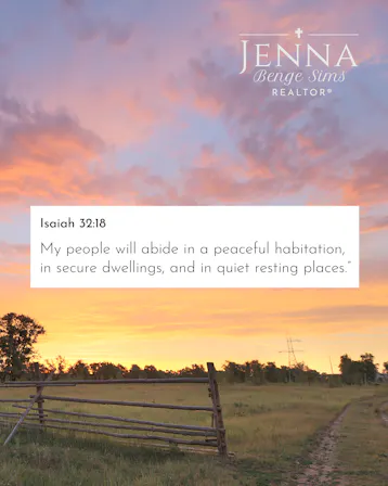 Isaiah 32:18 verse over a pink sunset sky above a North Texas ranch fence and pasture