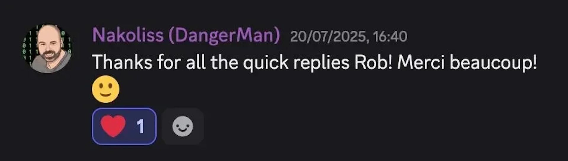 A student saying "Thanks for all the quick replies Rob!"