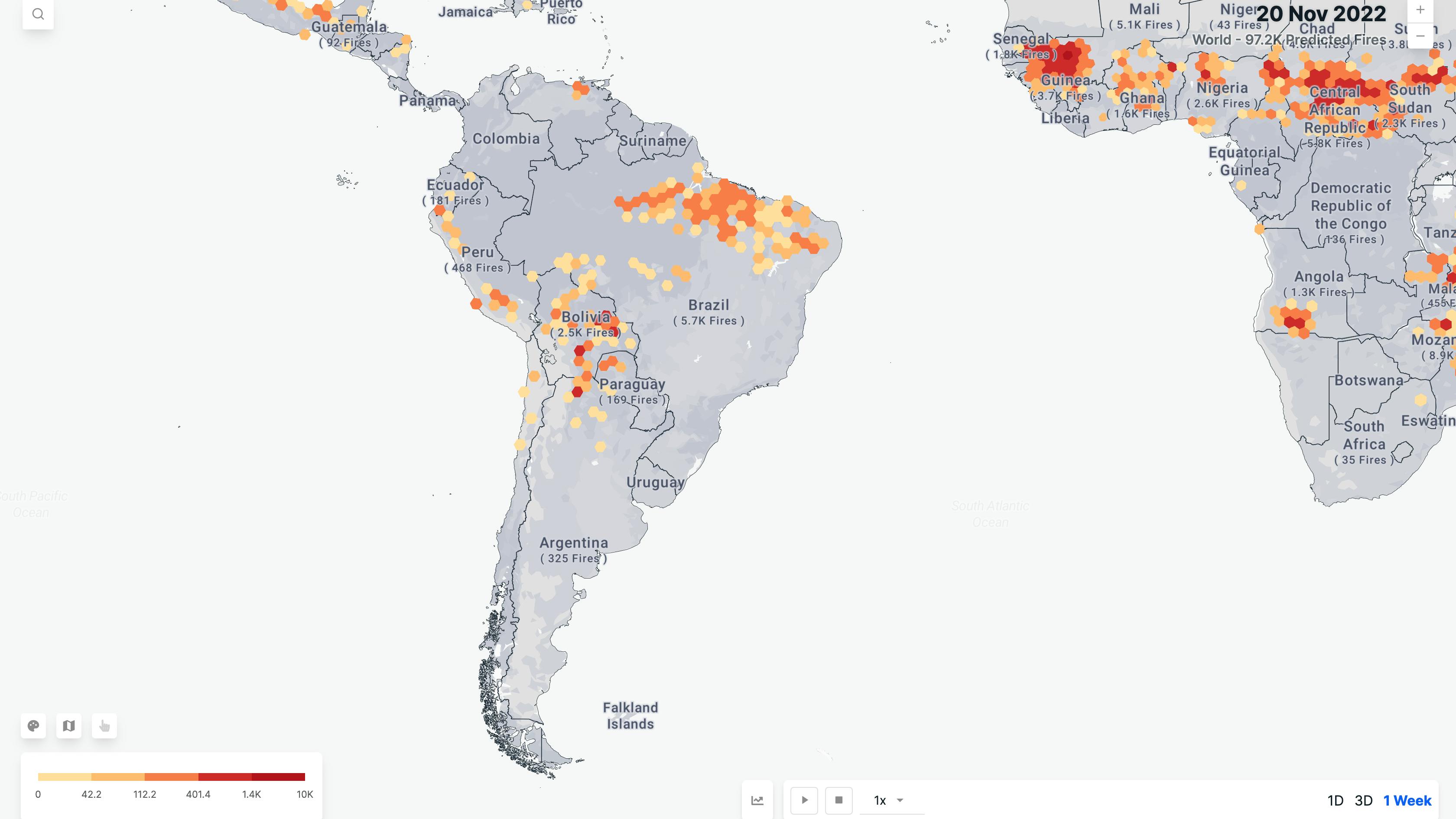 Predicted biomass fire hotspots for Brazil and neighbouring regions.