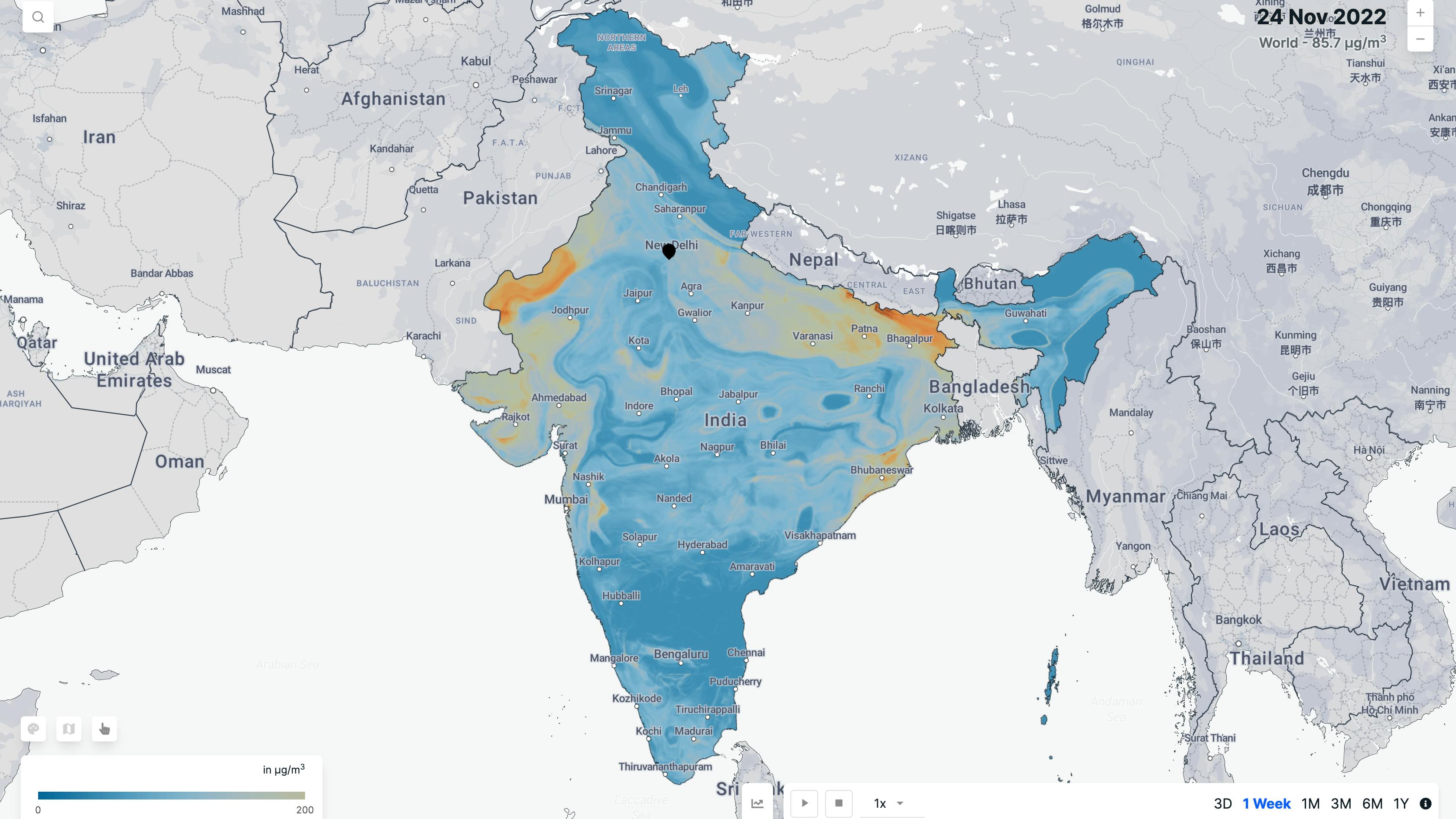 The spatial distribution of estimated PM2.5 levels in India.
