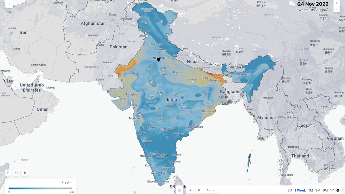 The spatial distribution of estimated PM2.5 levels in India.