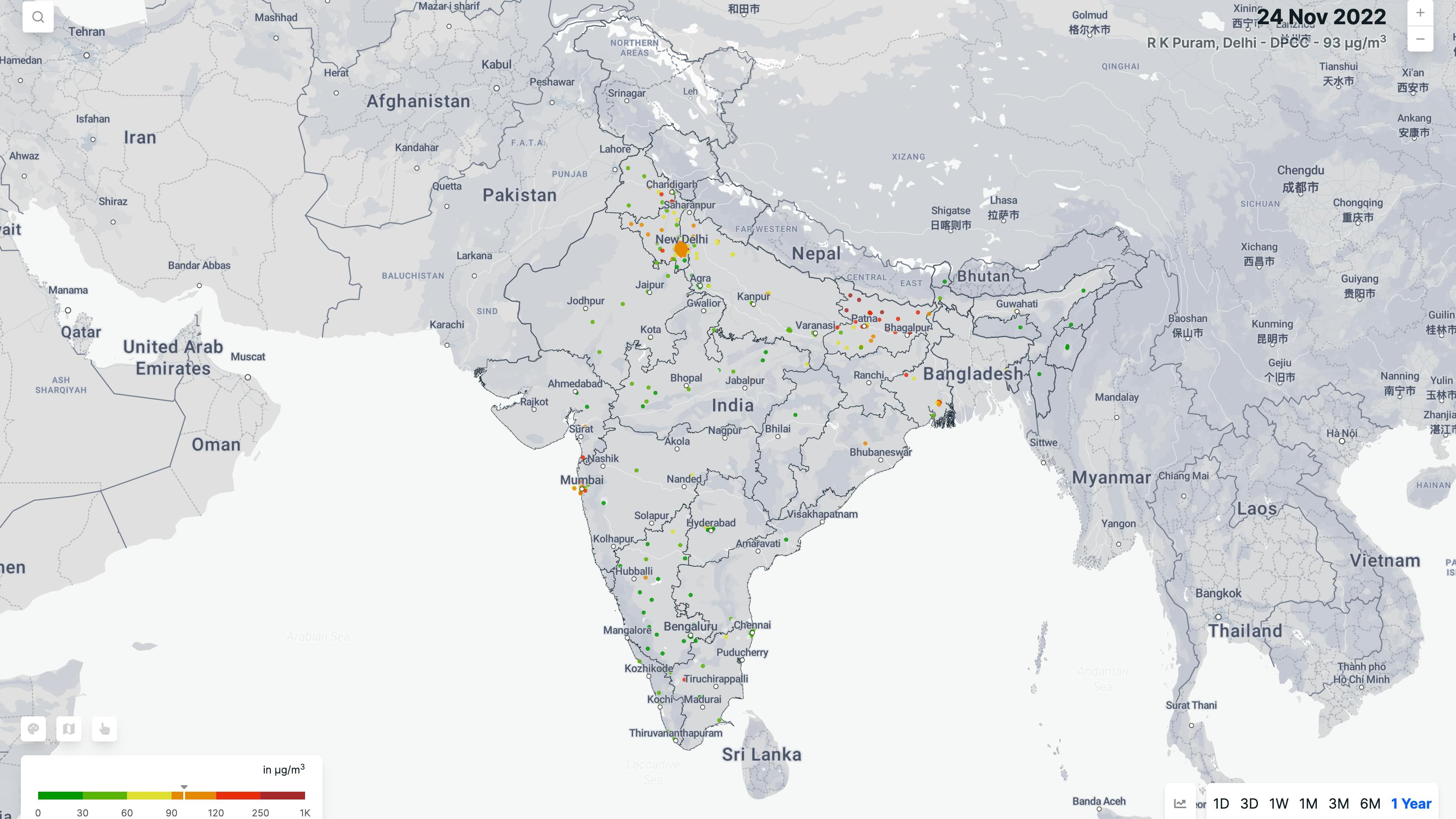 BAM distribution showing different PM 2.5 levels across India