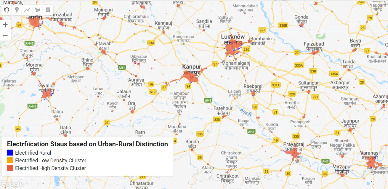 The spatial distribution of electrification status based on urban-rural variation in parts of Uttar Pradesh,India.