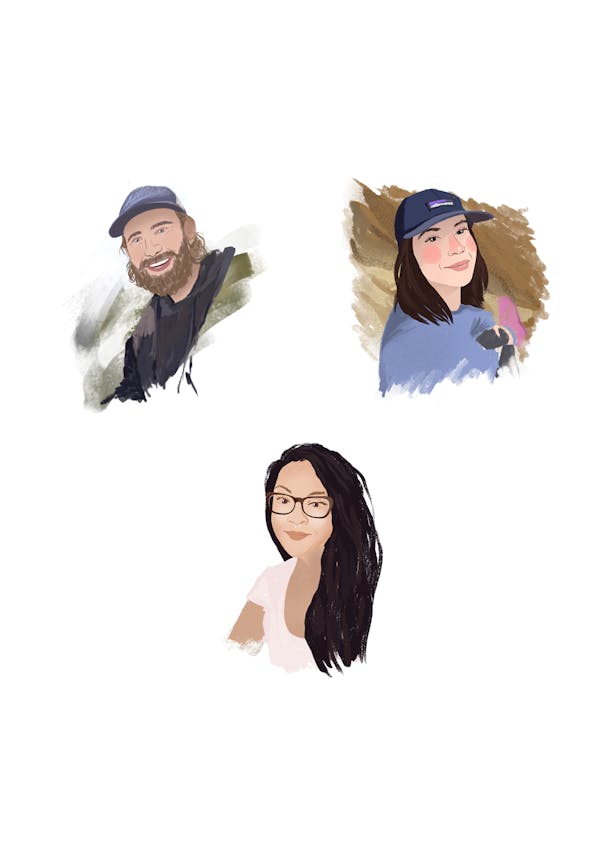 Illustrated headshots of Nelson Berlin, Katie Bertram, and Quinn Fulton on a white background
