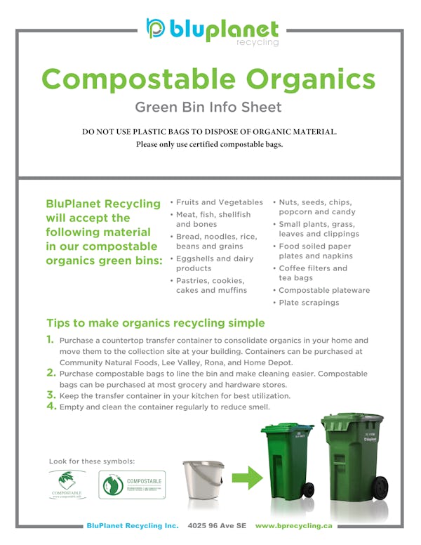 A preview image for BluPlanet's compostable organics info sheet.