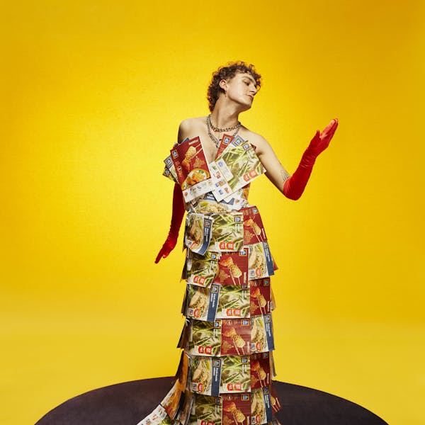 A portrait of a person posing, they're wearing a dress made from ALDI catalogues.