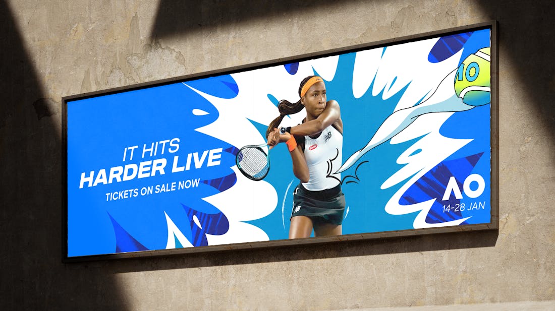 A vibrant billboard design showcasing the excitement of a tennis tournament. The headline reads: "it hits harder live".