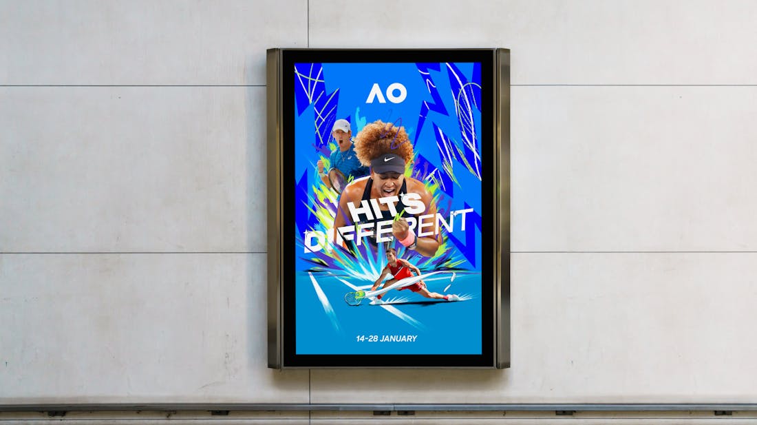 A vibrant billboard design showcasing the excitement of a tennis tournament with the headline: "Australian open, hits different".