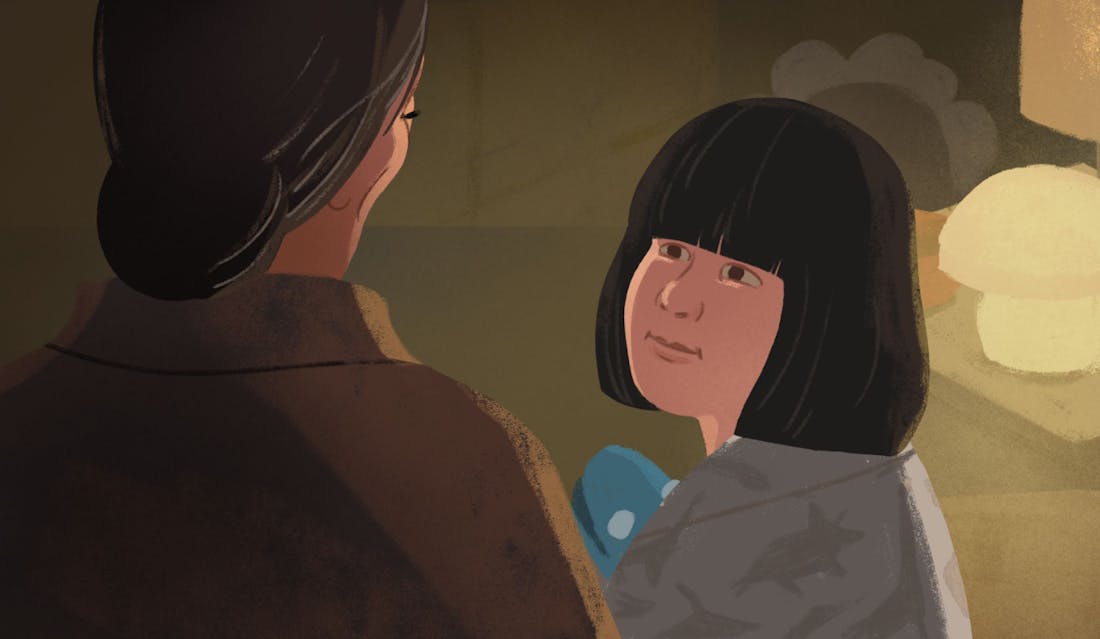 An illustrated image showing a girl with black hair having a conversation with her mother.