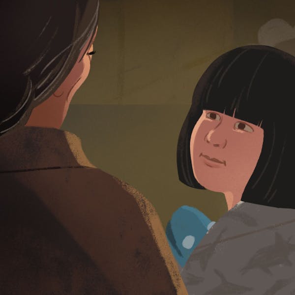 An illustrated image showing a girl with black hair having a conversation with her mother.