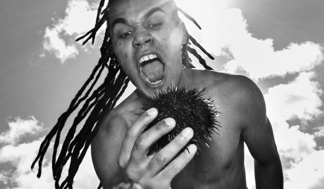 A black and white image of a man with dreadlocks holding a sea urchin.