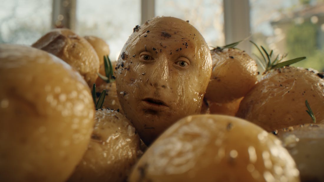 A still from a television commercial, featuring a man's face superimposed on a potato. 