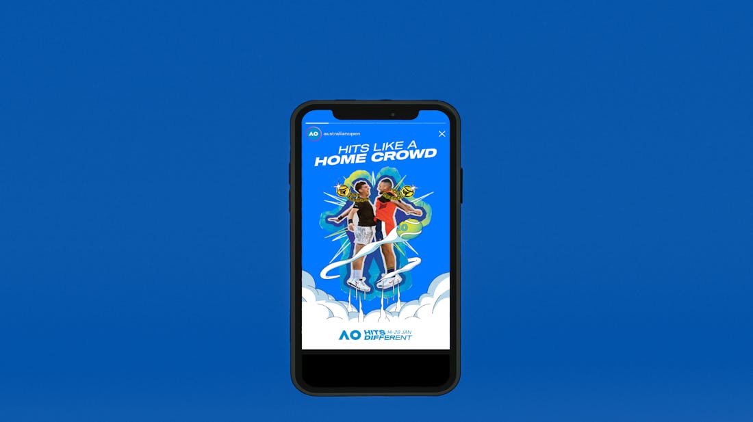 A mobile phone screen showing a vibrant design showcasing the excitement of a tennis tournament with the headline: "Hits like a home crowd".