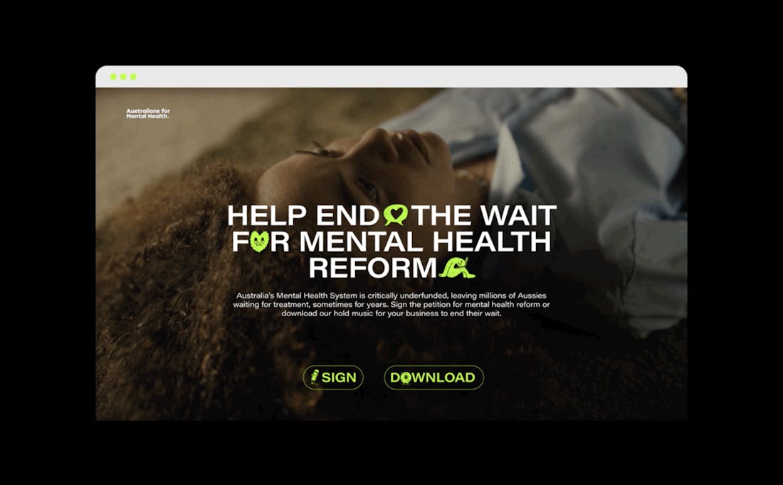 An image of a webpage showing a woman lying on the floor looking at the ceiling with the headline: "Help end the wait for mental health reform".