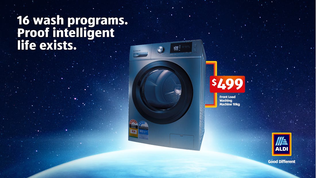 An ALDI advertisement showcasing a washing machine in space with the funny headline: "16 wash programs, proof intelligent life exists".