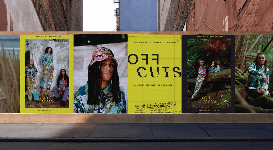 A vibrant billboard design showcasing a diverse group of people wearing clothes from the Off Cuts collection.