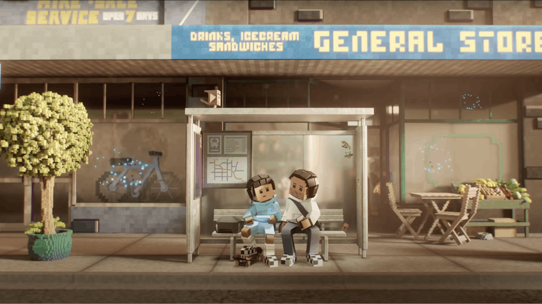 A digital illustration of a boy sitting with his father at a bus stop in front of a store on a sunny day.