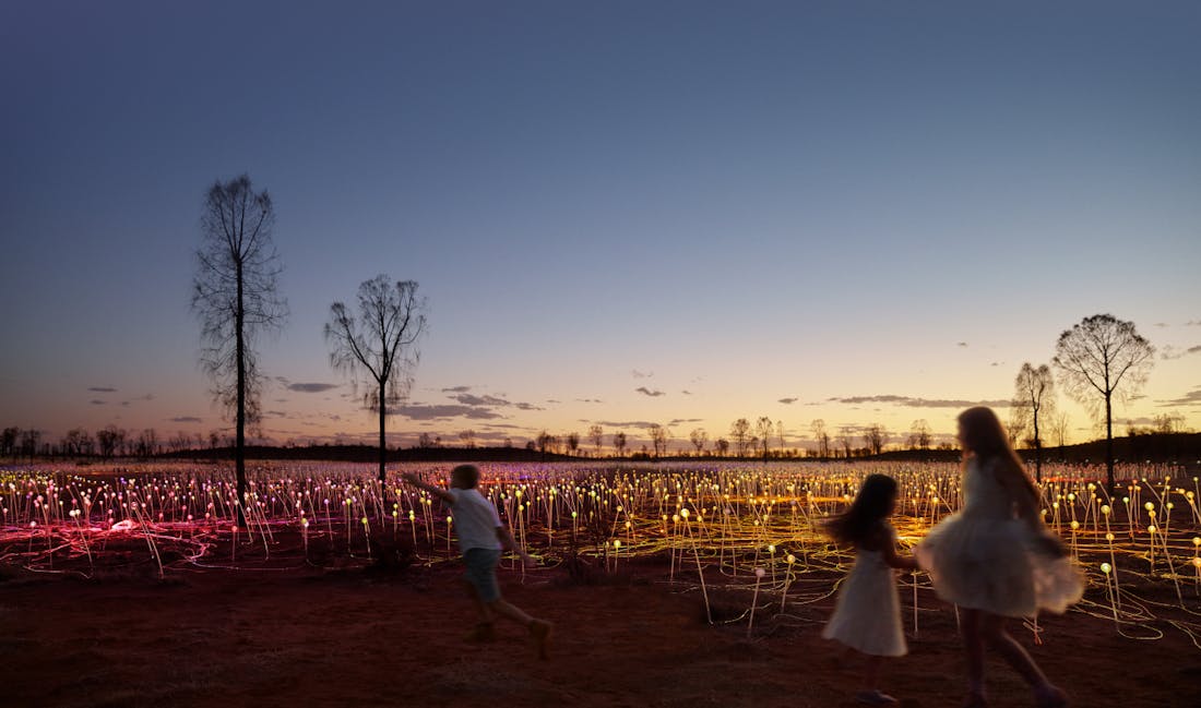 An image of a joyful crowd strolling through a field of twinkling lights in the Australian outback.