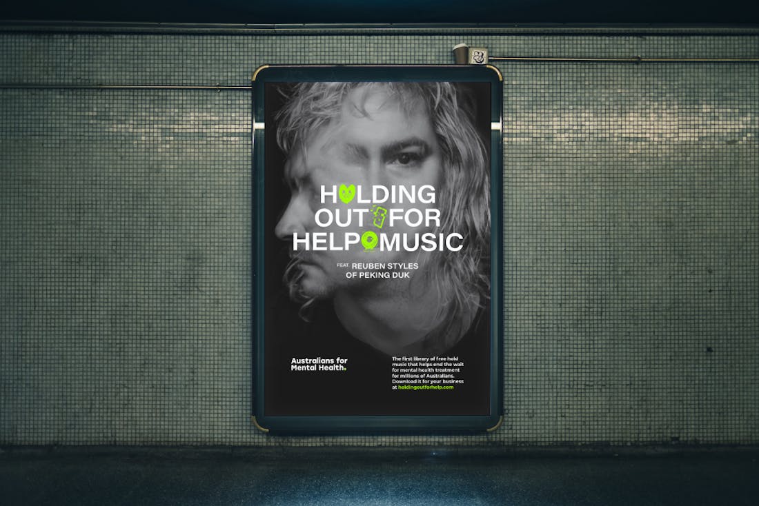 A captivating billboard containing an artistic, black and white portrait image with the headline: "Holding out for help music"