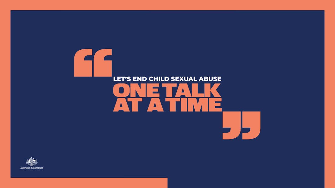 A blue and orange poster with the headline: "Let's end child sexual abuse one talk at a time".